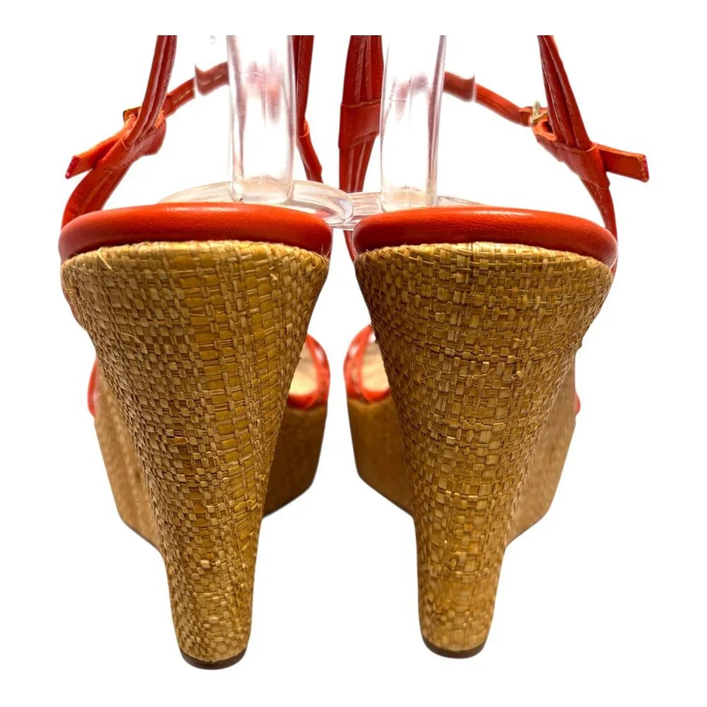 J. Crew Bette Orange Leather‎ Made in Italy Raffia High Wedge Sandals